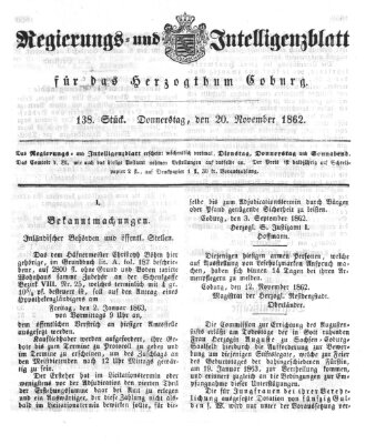 Regierungs- und Intelligenzblatt für das Herzogtum Coburg (Coburger Regierungs-Blatt) Donnerstag 20. November 1862