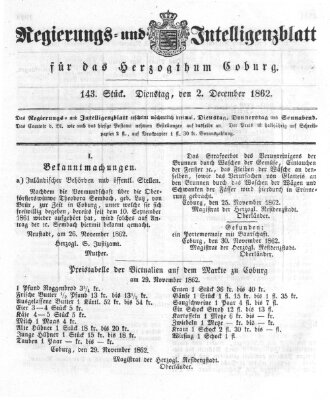 Regierungs- und Intelligenzblatt für das Herzogtum Coburg (Coburger Regierungs-Blatt) Dienstag 2. Dezember 1862