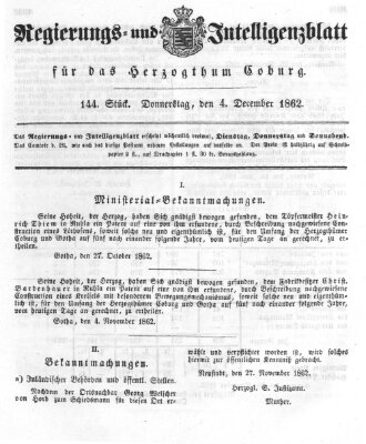 Regierungs- und Intelligenzblatt für das Herzogtum Coburg (Coburger Regierungs-Blatt) Donnerstag 4. Dezember 1862