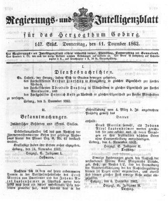 Regierungs- und Intelligenzblatt für das Herzogtum Coburg (Coburger Regierungs-Blatt) Donnerstag 11. Dezember 1862