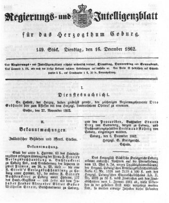 Regierungs- und Intelligenzblatt für das Herzogtum Coburg (Coburger Regierungs-Blatt) Dienstag 16. Dezember 1862