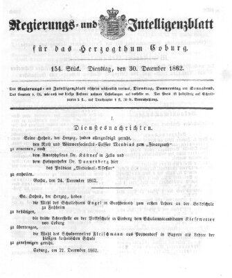 Regierungs- und Intelligenzblatt für das Herzogtum Coburg (Coburger Regierungs-Blatt) Dienstag 30. Dezember 1862