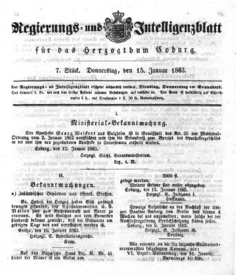 Regierungs- und Intelligenzblatt für das Herzogtum Coburg (Coburger Regierungs-Blatt) Donnerstag 15. Januar 1863