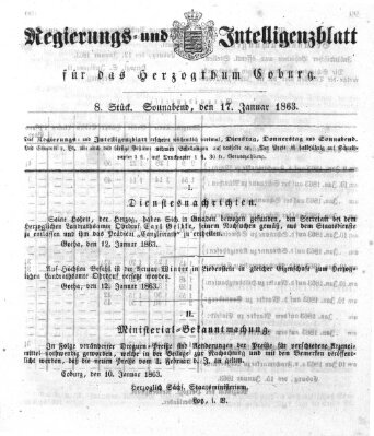 Regierungs- und Intelligenzblatt für das Herzogtum Coburg (Coburger Regierungs-Blatt) Samstag 17. Januar 1863