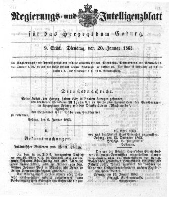 Regierungs- und Intelligenzblatt für das Herzogtum Coburg (Coburger Regierungs-Blatt) Dienstag 20. Januar 1863