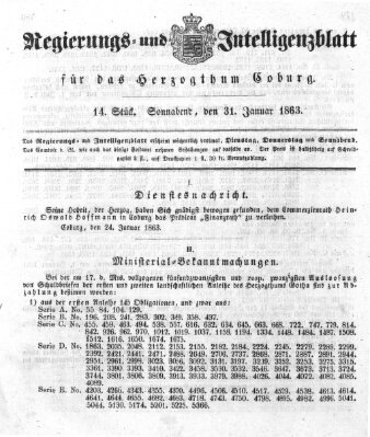 Regierungs- und Intelligenzblatt für das Herzogtum Coburg (Coburger Regierungs-Blatt) Samstag 31. Januar 1863