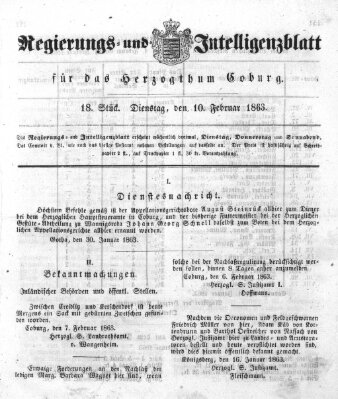 Regierungs- und Intelligenzblatt für das Herzogtum Coburg (Coburger Regierungs-Blatt) Dienstag 10. Februar 1863