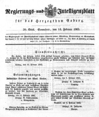 Regierungs- und Intelligenzblatt für das Herzogtum Coburg (Coburger Regierungs-Blatt) Samstag 14. Februar 1863