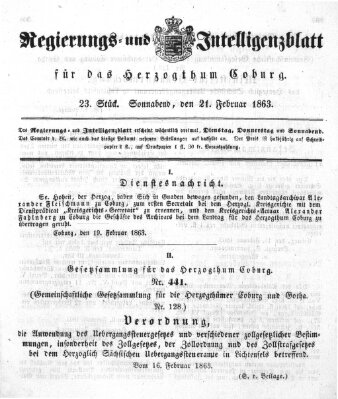 Regierungs- und Intelligenzblatt für das Herzogtum Coburg (Coburger Regierungs-Blatt) Samstag 21. Februar 1863