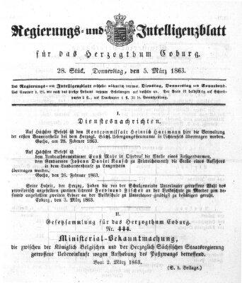 Regierungs- und Intelligenzblatt für das Herzogtum Coburg (Coburger Regierungs-Blatt) Donnerstag 5. März 1863