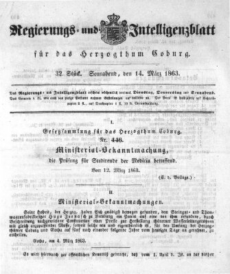 Regierungs- und Intelligenzblatt für das Herzogtum Coburg (Coburger Regierungs-Blatt) Samstag 14. März 1863