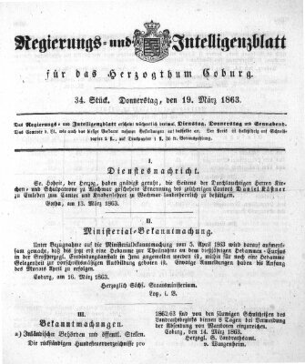 Regierungs- und Intelligenzblatt für das Herzogtum Coburg (Coburger Regierungs-Blatt) Donnerstag 19. März 1863