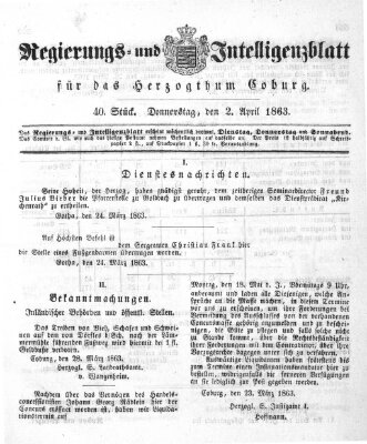 Regierungs- und Intelligenzblatt für das Herzogtum Coburg (Coburger Regierungs-Blatt) Donnerstag 2. April 1863