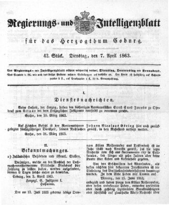 Regierungs- und Intelligenzblatt für das Herzogtum Coburg (Coburger Regierungs-Blatt) Dienstag 7. April 1863