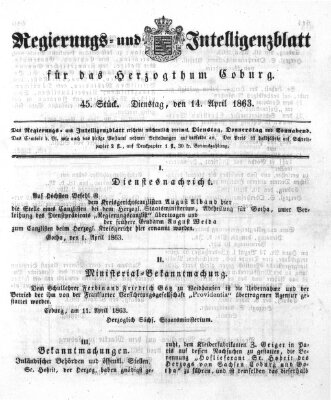 Regierungs- und Intelligenzblatt für das Herzogtum Coburg (Coburger Regierungs-Blatt) Dienstag 14. April 1863