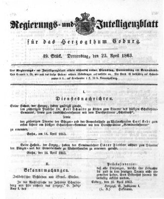 Regierungs- und Intelligenzblatt für das Herzogtum Coburg (Coburger Regierungs-Blatt) Donnerstag 23. April 1863