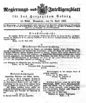 Regierungs- und Intelligenzblatt für das Herzogtum Coburg (Coburger Regierungs-Blatt) Samstag 25. April 1863