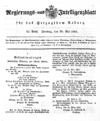 Regierungs- und Intelligenzblatt für das Herzogtum Coburg (Coburger Regierungs-Blatt) Dienstag 26. Mai 1863