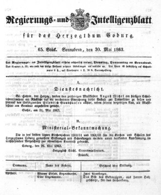 Regierungs- und Intelligenzblatt für das Herzogtum Coburg (Coburger Regierungs-Blatt) Samstag 30. Mai 1863