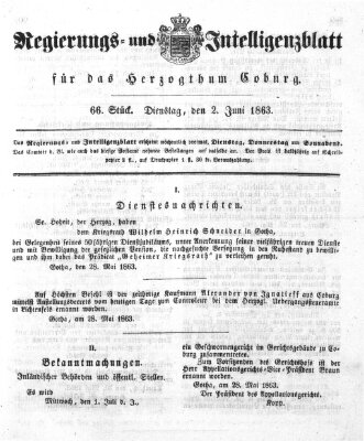 Regierungs- und Intelligenzblatt für das Herzogtum Coburg (Coburger Regierungs-Blatt) Dienstag 2. Juni 1863