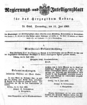 Regierungs- und Intelligenzblatt für das Herzogtum Coburg (Coburger Regierungs-Blatt) Donnerstag 11. Juni 1863