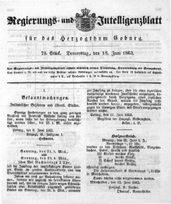 Regierungs- und Intelligenzblatt für das Herzogtum Coburg (Coburger Regierungs-Blatt) Donnerstag 18. Juni 1863