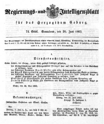 Regierungs- und Intelligenzblatt für das Herzogtum Coburg (Coburger Regierungs-Blatt) Samstag 20. Juni 1863