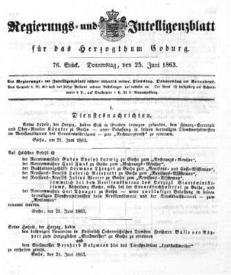 Regierungs- und Intelligenzblatt für das Herzogtum Coburg (Coburger Regierungs-Blatt) Donnerstag 25. Juni 1863