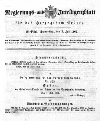 Regierungs- und Intelligenzblatt für das Herzogtum Coburg (Coburger Regierungs-Blatt) Donnerstag 2. Juli 1863