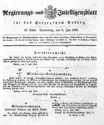 Regierungs- und Intelligenzblatt für das Herzogtum Coburg (Coburger Regierungs-Blatt) Donnerstag 9. Juli 1863