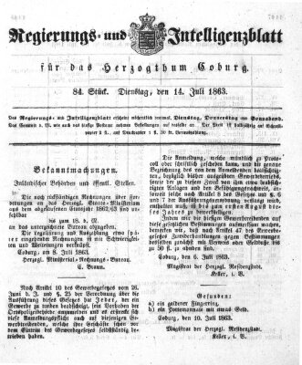 Regierungs- und Intelligenzblatt für das Herzogtum Coburg (Coburger Regierungs-Blatt) Dienstag 14. Juli 1863