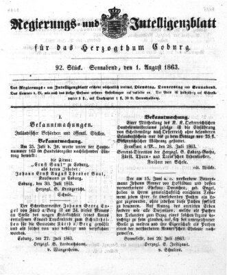 Regierungs- und Intelligenzblatt für das Herzogtum Coburg (Coburger Regierungs-Blatt) Samstag 1. August 1863