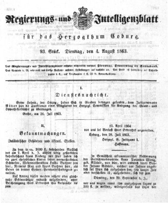 Regierungs- und Intelligenzblatt für das Herzogtum Coburg (Coburger Regierungs-Blatt) Dienstag 4. August 1863