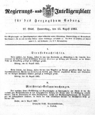 Regierungs- und Intelligenzblatt für das Herzogtum Coburg (Coburger Regierungs-Blatt) Donnerstag 13. August 1863