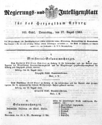 Regierungs- und Intelligenzblatt für das Herzogtum Coburg (Coburger Regierungs-Blatt) Donnerstag 27. August 1863