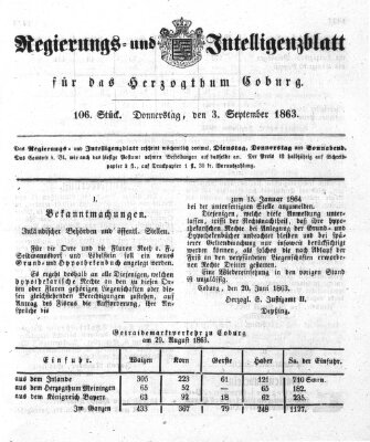 Regierungs- und Intelligenzblatt für das Herzogtum Coburg (Coburger Regierungs-Blatt) Donnerstag 3. September 1863