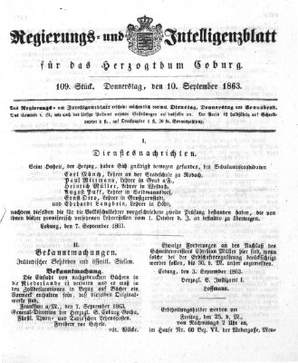 Regierungs- und Intelligenzblatt für das Herzogtum Coburg (Coburger Regierungs-Blatt) Donnerstag 10. September 1863