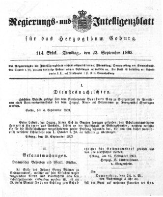 Regierungs- und Intelligenzblatt für das Herzogtum Coburg (Coburger Regierungs-Blatt) Dienstag 22. September 1863