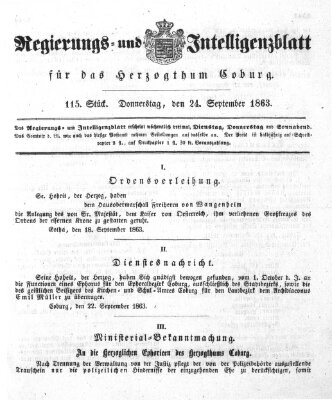 Regierungs- und Intelligenzblatt für das Herzogtum Coburg (Coburger Regierungs-Blatt) Donnerstag 24. September 1863