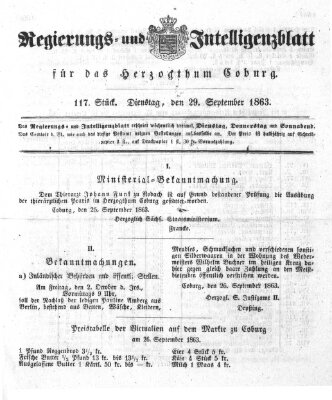 Regierungs- und Intelligenzblatt für das Herzogtum Coburg (Coburger Regierungs-Blatt) Dienstag 29. September 1863