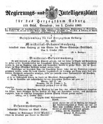 Regierungs- und Intelligenzblatt für das Herzogtum Coburg (Coburger Regierungs-Blatt) Samstag 3. Oktober 1863