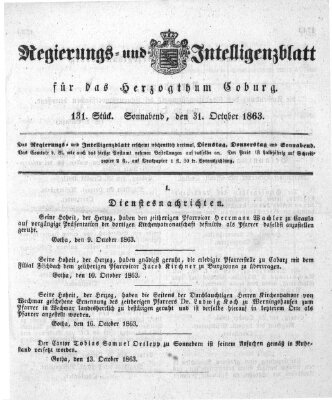 Regierungs- und Intelligenzblatt für das Herzogtum Coburg (Coburger Regierungs-Blatt) Samstag 31. Oktober 1863