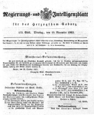 Regierungs- und Intelligenzblatt für das Herzogtum Coburg (Coburger Regierungs-Blatt) Dienstag 10. November 1863