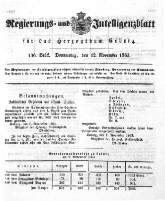 Regierungs- und Intelligenzblatt für das Herzogtum Coburg (Coburger Regierungs-Blatt) Donnerstag 12. November 1863