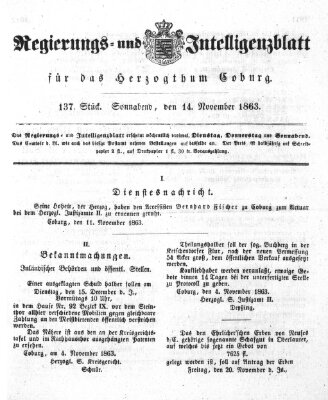 Regierungs- und Intelligenzblatt für das Herzogtum Coburg (Coburger Regierungs-Blatt) Samstag 14. November 1863