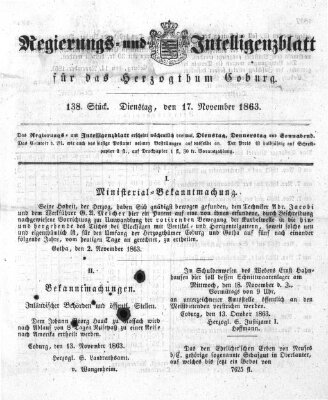 Regierungs- und Intelligenzblatt für das Herzogtum Coburg (Coburger Regierungs-Blatt) Dienstag 17. November 1863