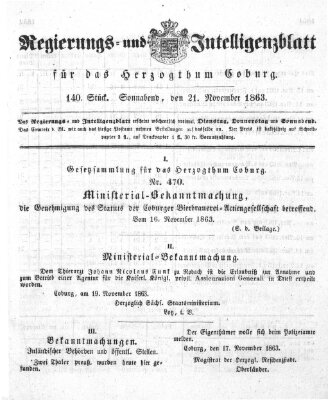 Regierungs- und Intelligenzblatt für das Herzogtum Coburg (Coburger Regierungs-Blatt) Samstag 21. November 1863