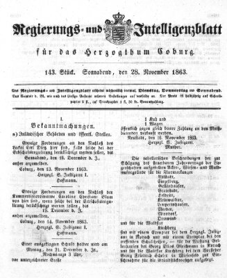 Regierungs- und Intelligenzblatt für das Herzogtum Coburg (Coburger Regierungs-Blatt) Samstag 28. November 1863