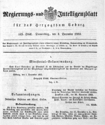 Regierungs- und Intelligenzblatt für das Herzogtum Coburg (Coburger Regierungs-Blatt) Donnerstag 3. Dezember 1863