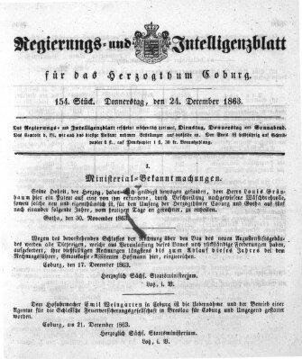 Regierungs- und Intelligenzblatt für das Herzogtum Coburg (Coburger Regierungs-Blatt) Donnerstag 24. Dezember 1863